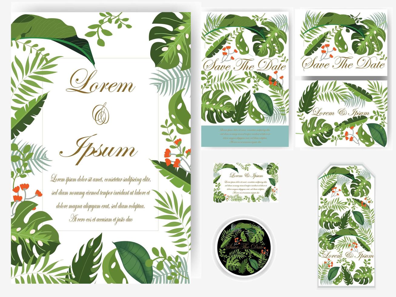 Greenery leaves Wedding card and tag set vector