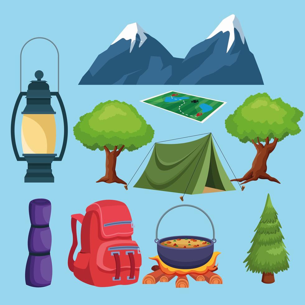 Elementos de camping y dibujos animados de iconos de paisaje vector