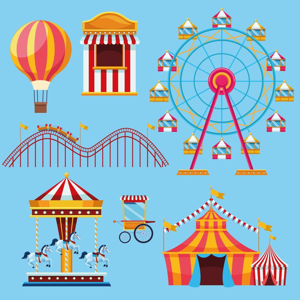 Conjunto de circo y festival de dibujos animados de iconos vector