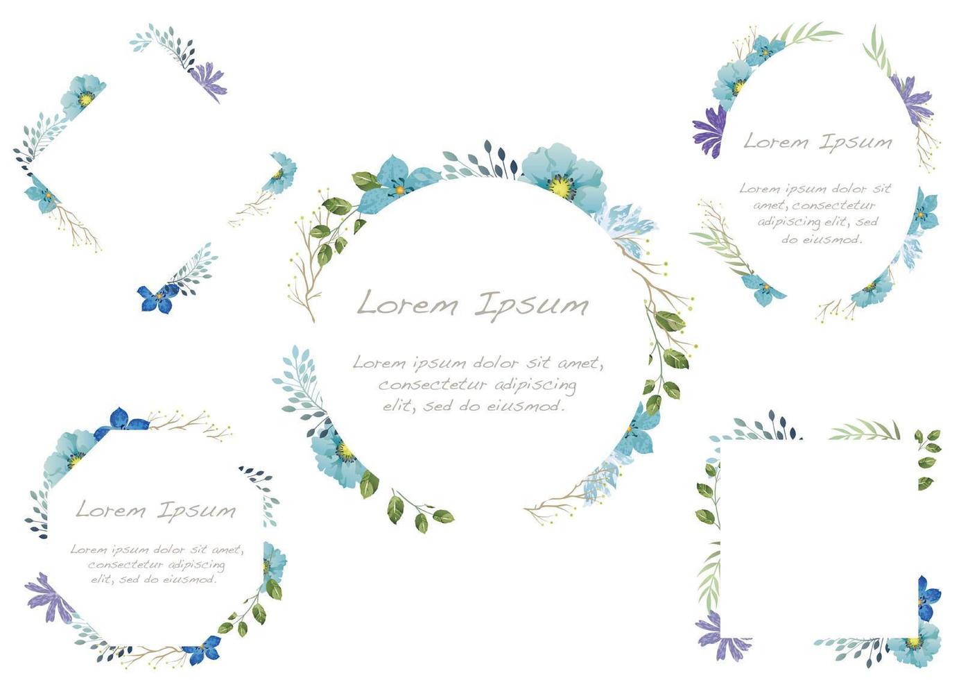 Blue Watercolor floral frame set isolated on a white background. vector