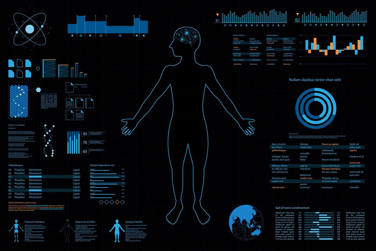 Tablero futurista con esquema de persona y elementos gráficos vector