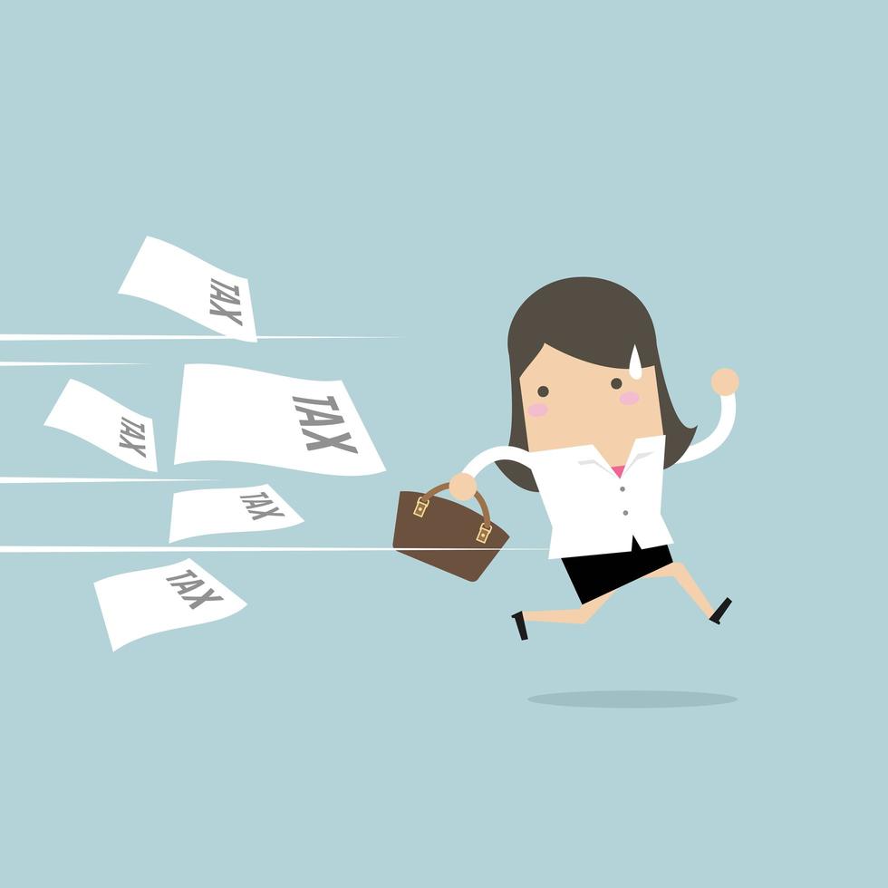 Businesswoman running away from tax invoice. vector