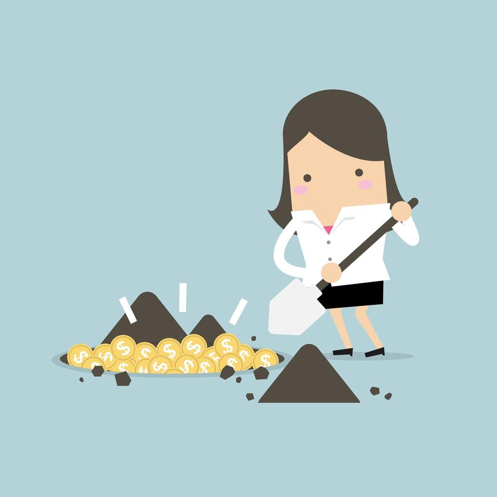 Businesswoman digging  treasure coin vector