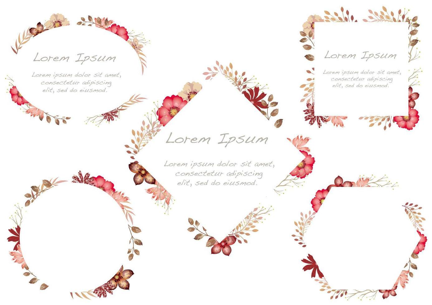 Set of red watercolor floral frames isolated on a white background. vector