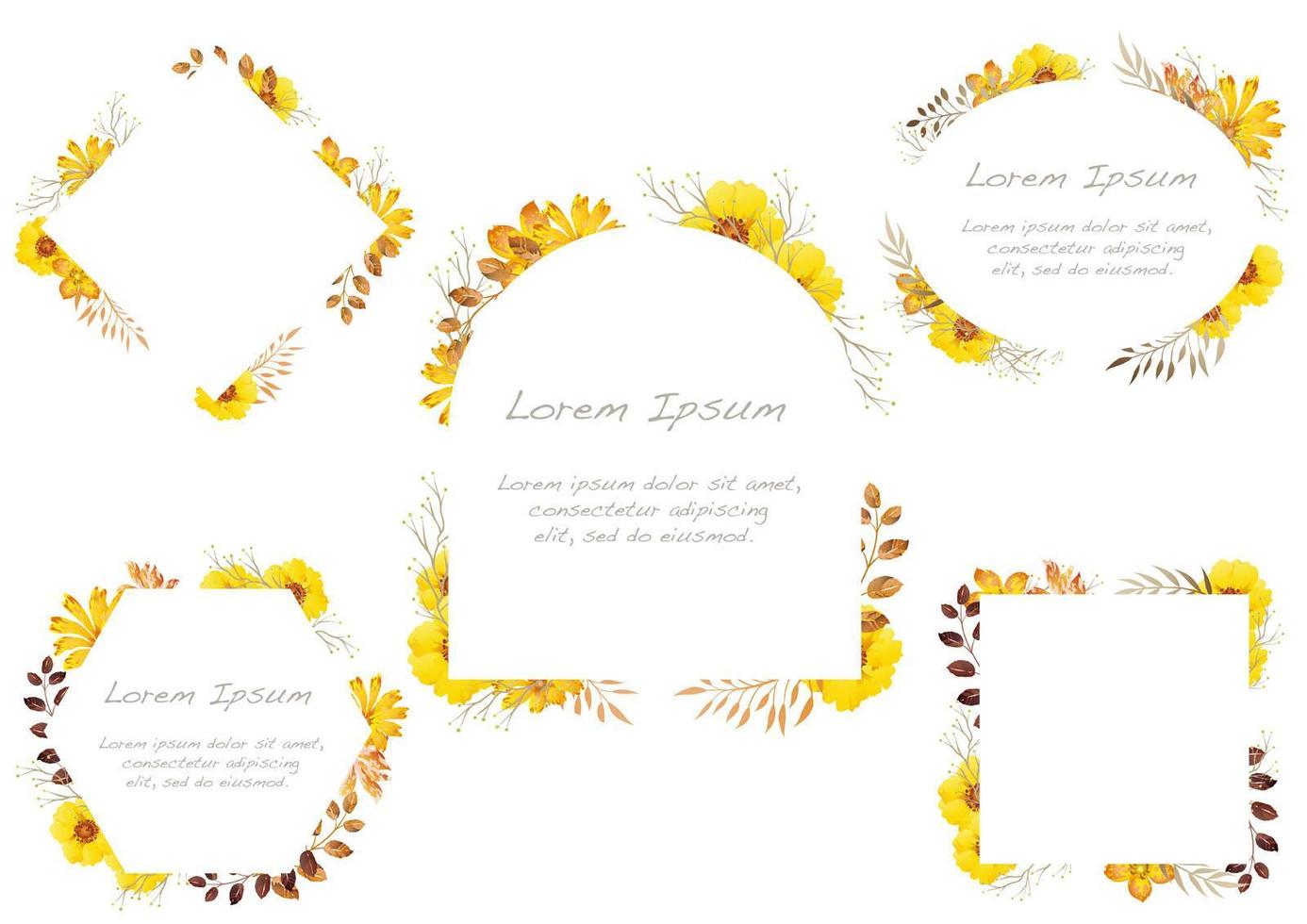 Set of yellow watercolor floral frames isolated on a white background. vector