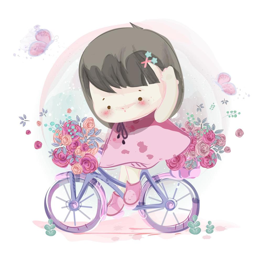 Hand drawn little girl riding bicycle vector