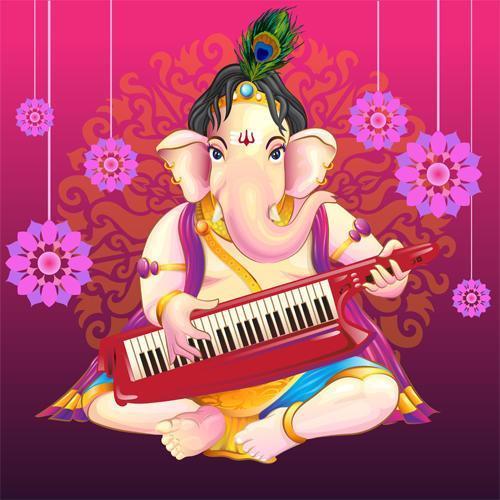 Keytar Ganesha with floral background vector