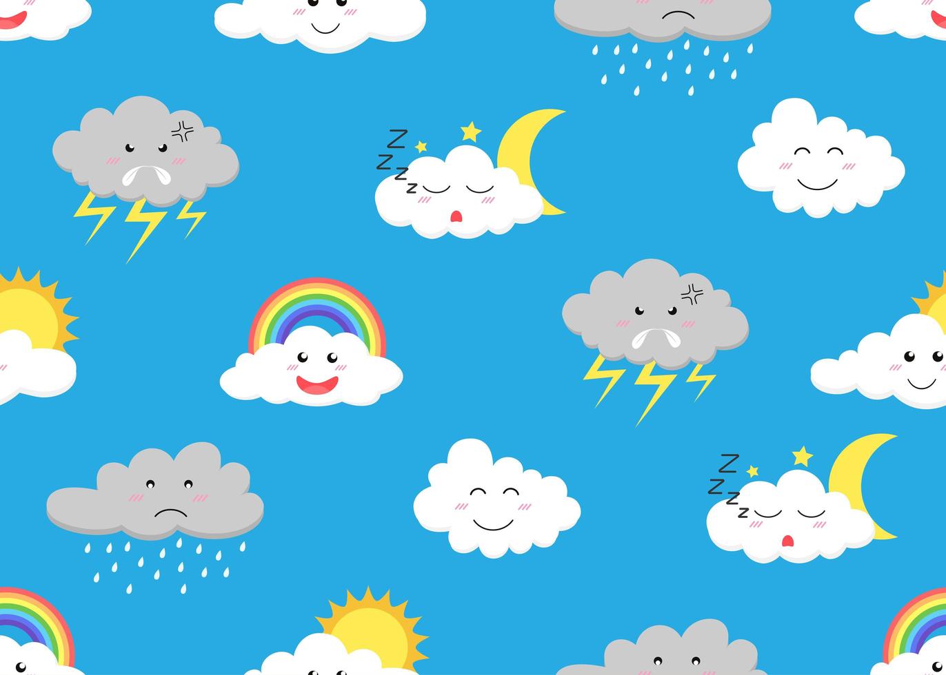 Patrón sin fisuras de emojis de dibujos animados lindo nube sobre fondo de cielo vector