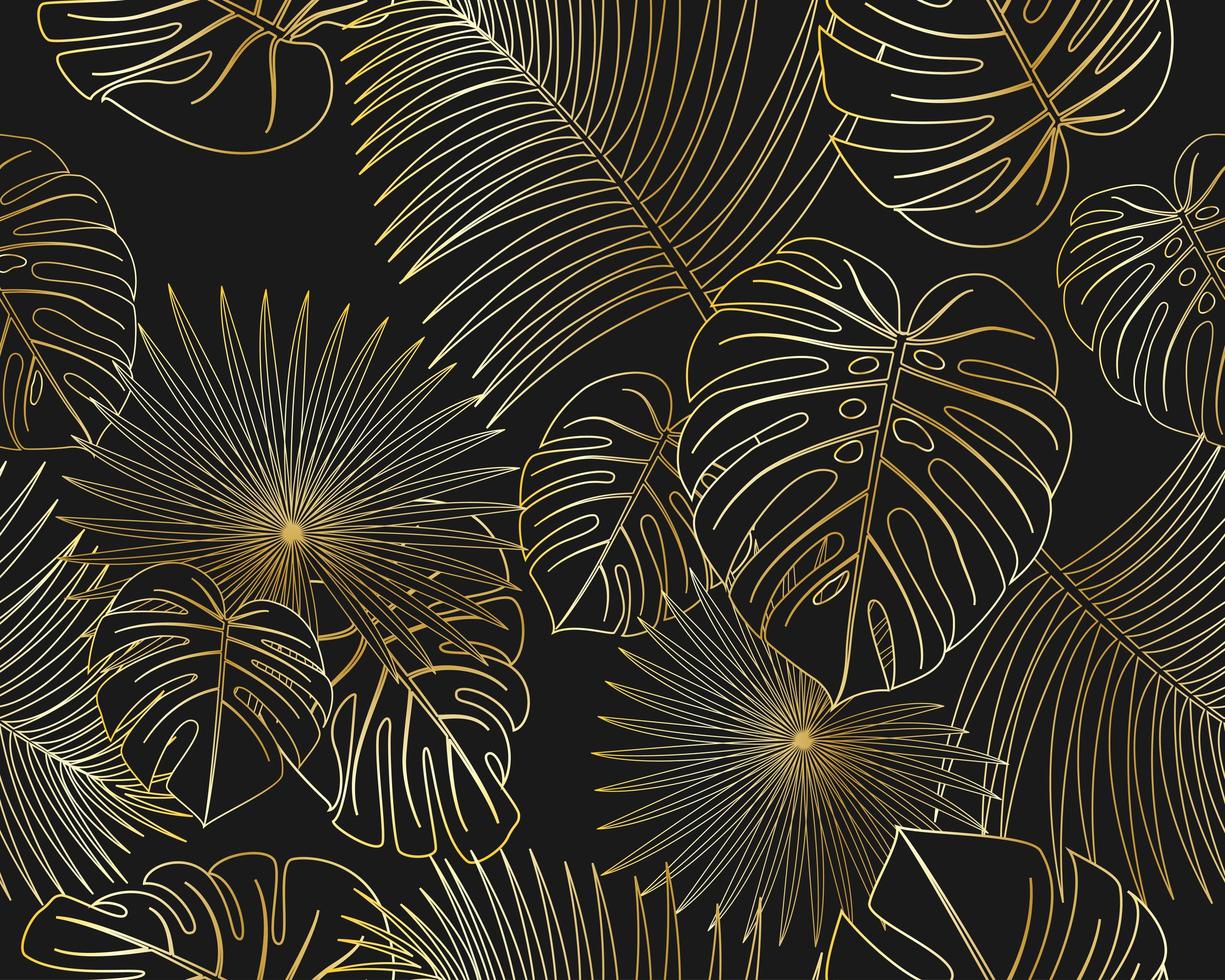 Seamless pattern of exotic jungle tropical golden palm leaves on black background vector