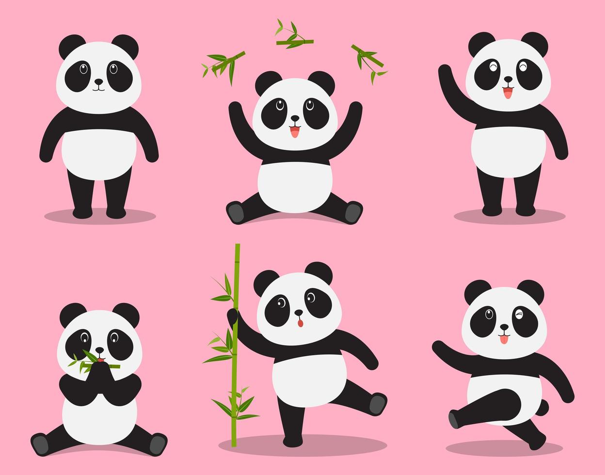 Vector de dibujos animados lindo panda en diferentes emociones sobre fondo rosa