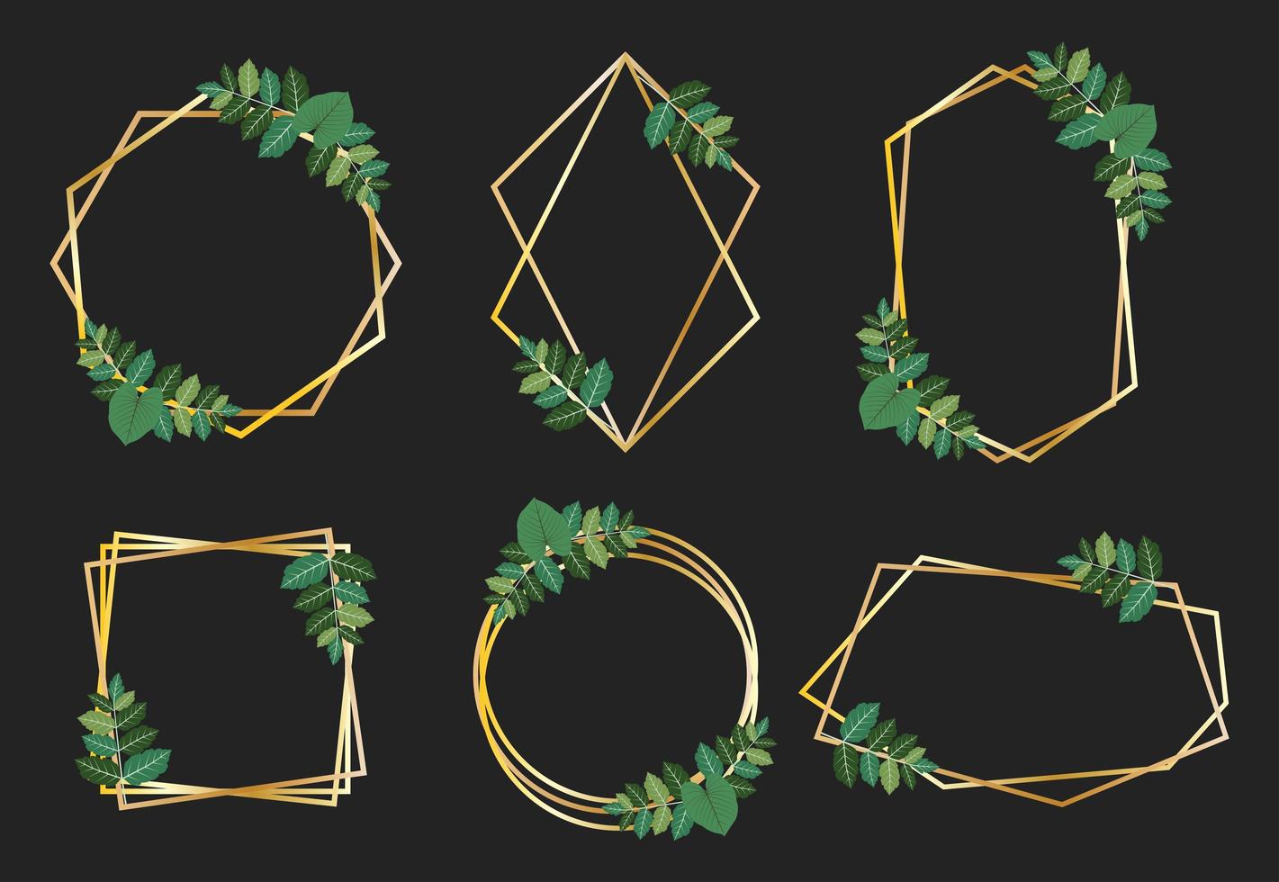 Collection of golden frames with green leaves vector