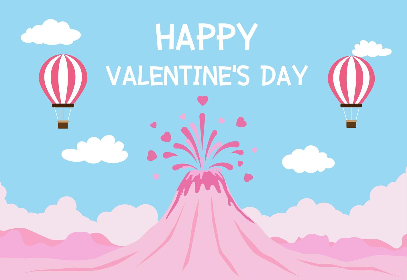 Valentine's day background with volcano eruption of love and balloons in blue sky vector