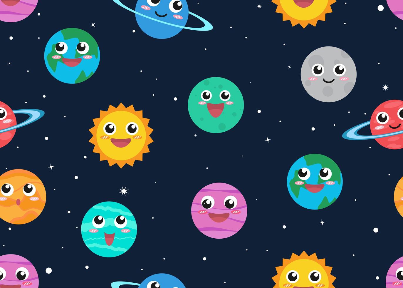 Seamless pattern of cute cartoon planets in space background vector