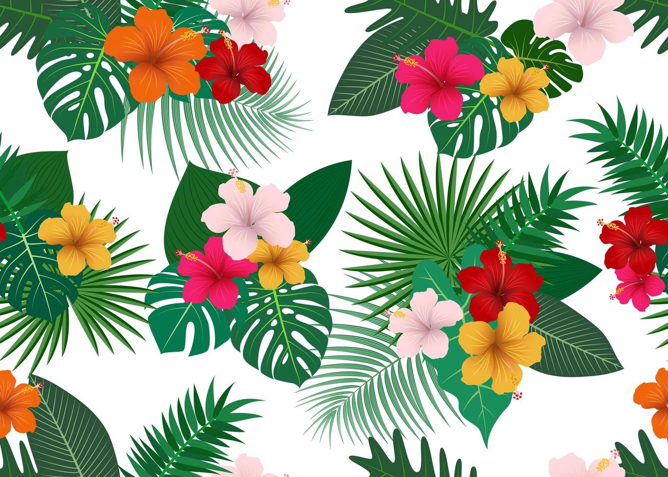 Seamless pattern of tropical flowers with leaves on white background vector