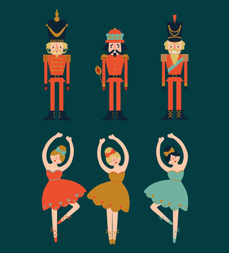 Juego navideño de cascanueces y bailarinas. vector