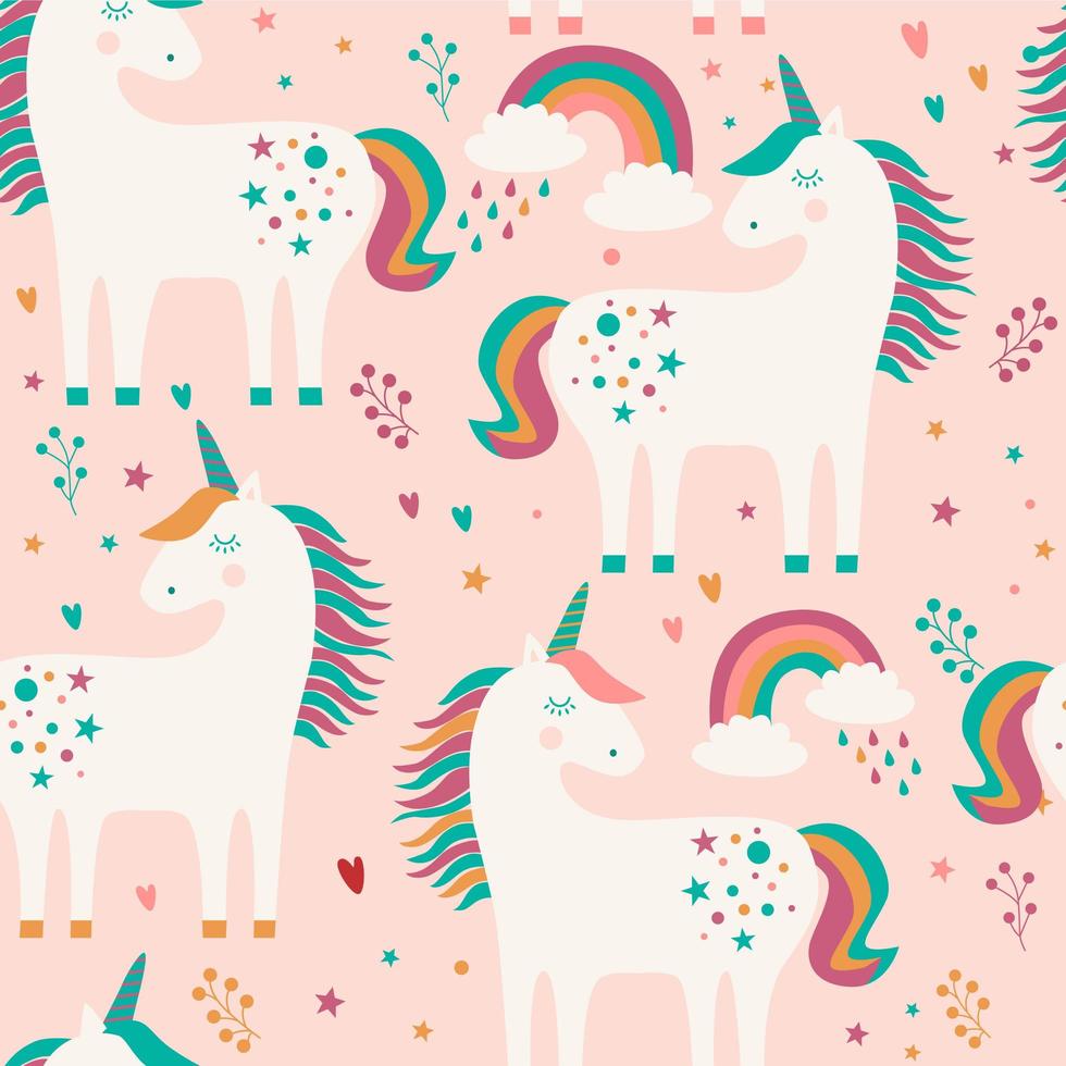 Seamless pattern with unicorns, rainbow and stars on pink background. vector