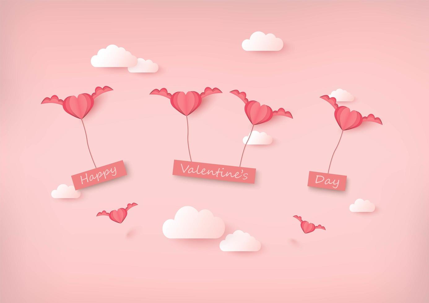 Happy Valentine's Day sign suspended by paper cut style winged hearts vector