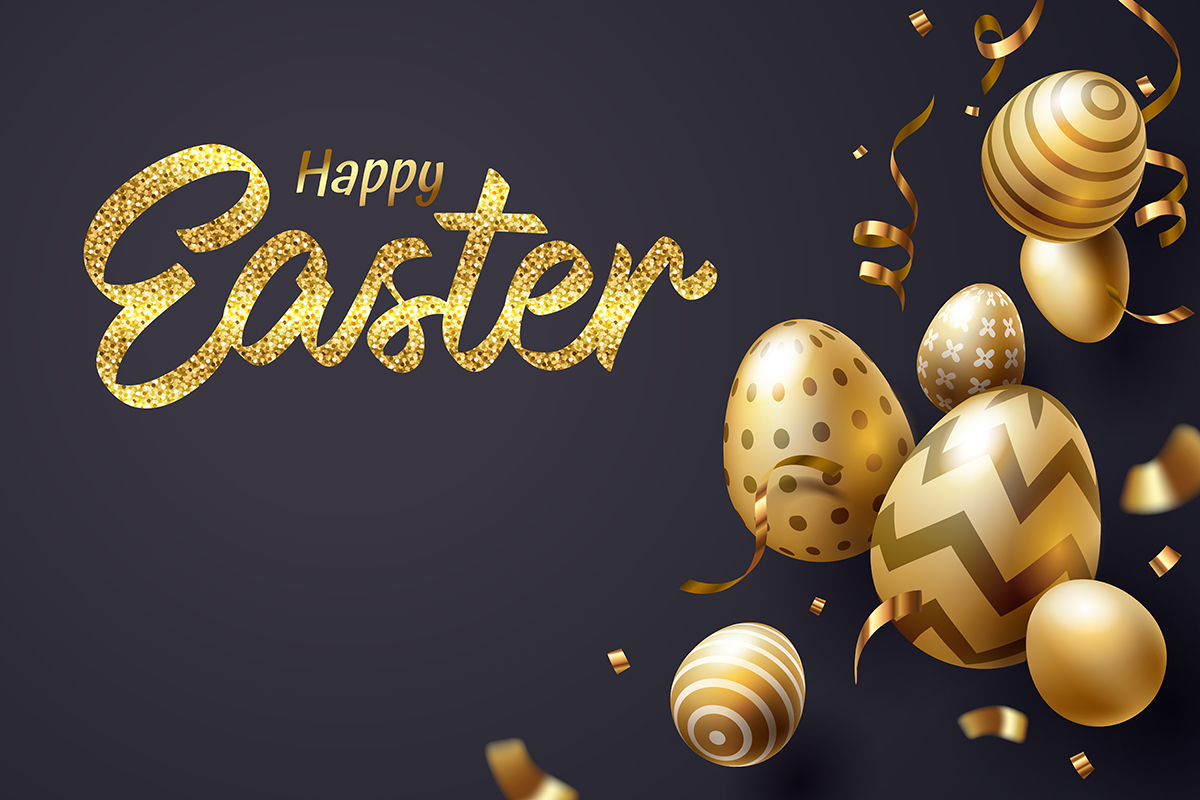 Falling Golden Easter egg and Happy Easter text on Dark Background