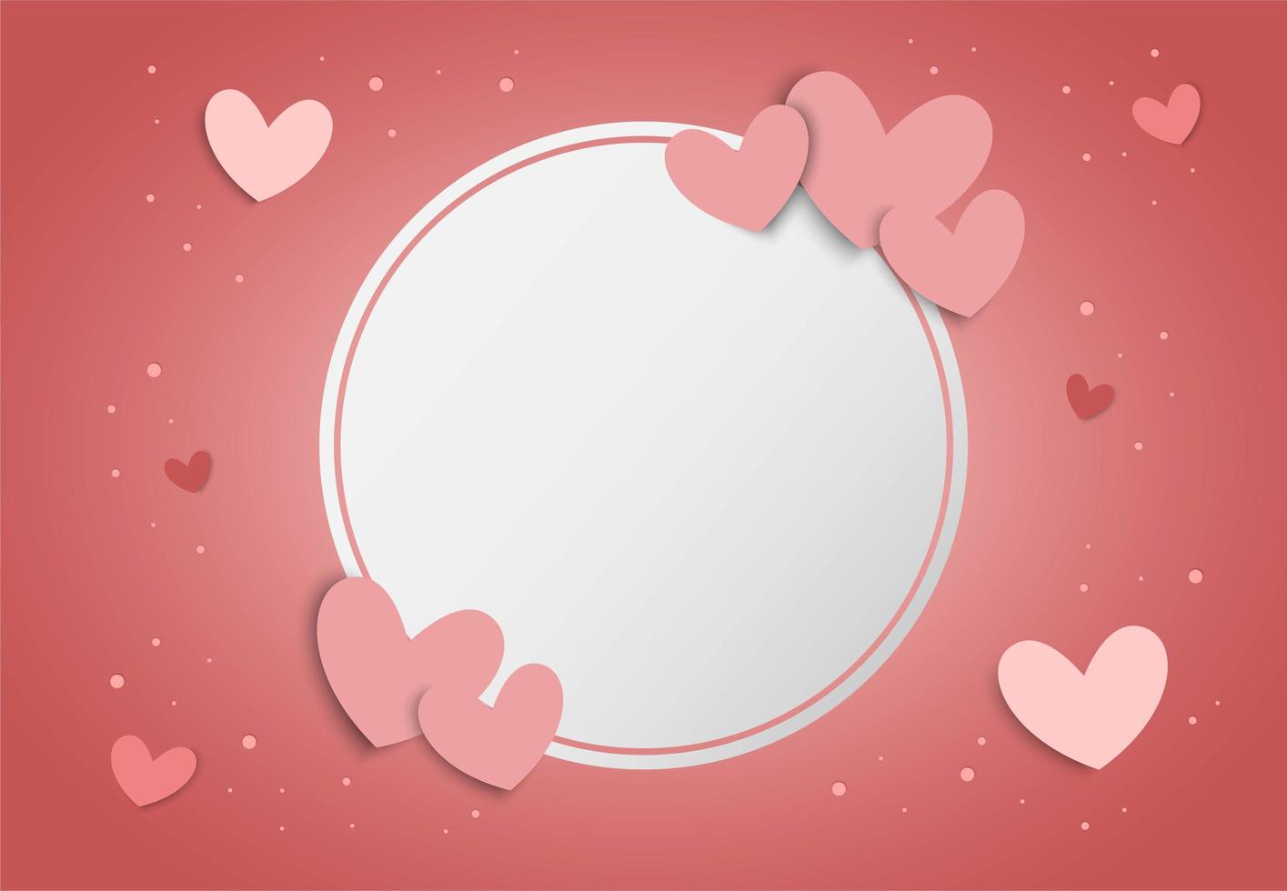 Fondo del día de San Valentín con corazones de color rosa y marco de círculo blanco en blanco vector