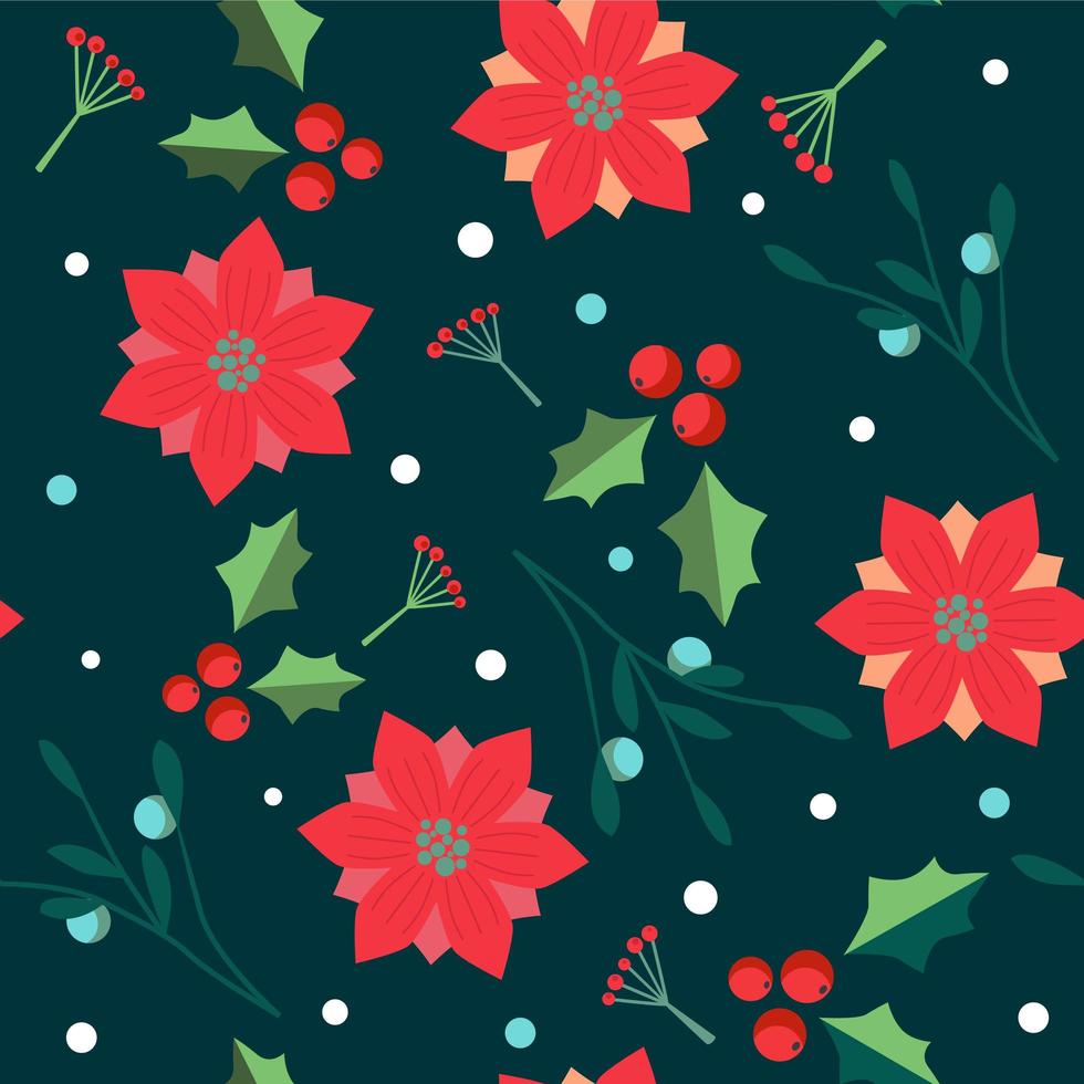 Christmas seamless pattern with poinsettia, holly berries and leaves. vector