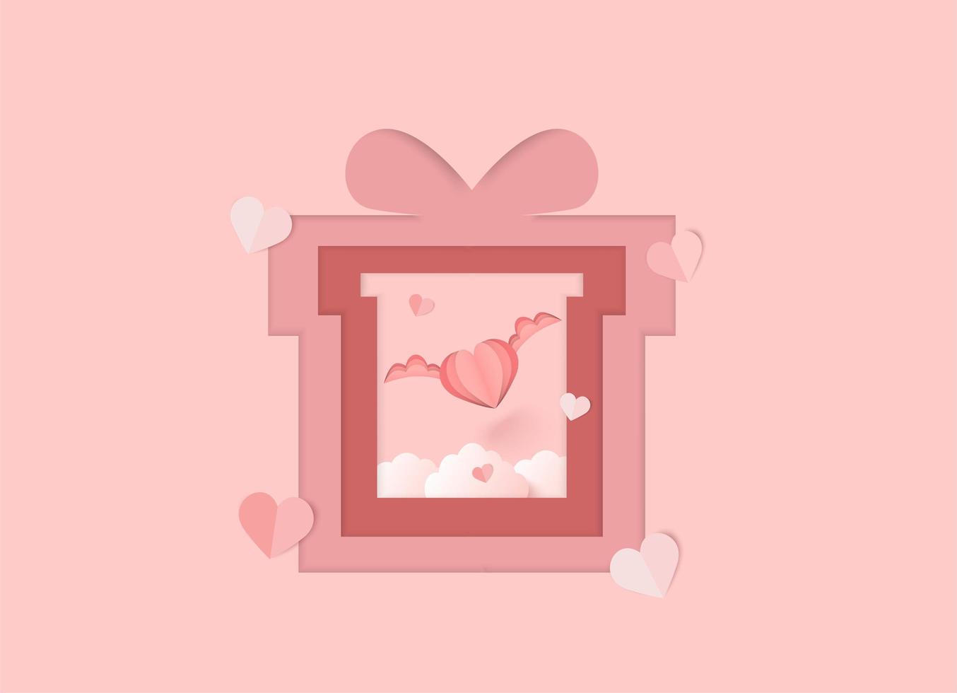 Valentines day pink background with layered paper cut gift box and winged heart vector