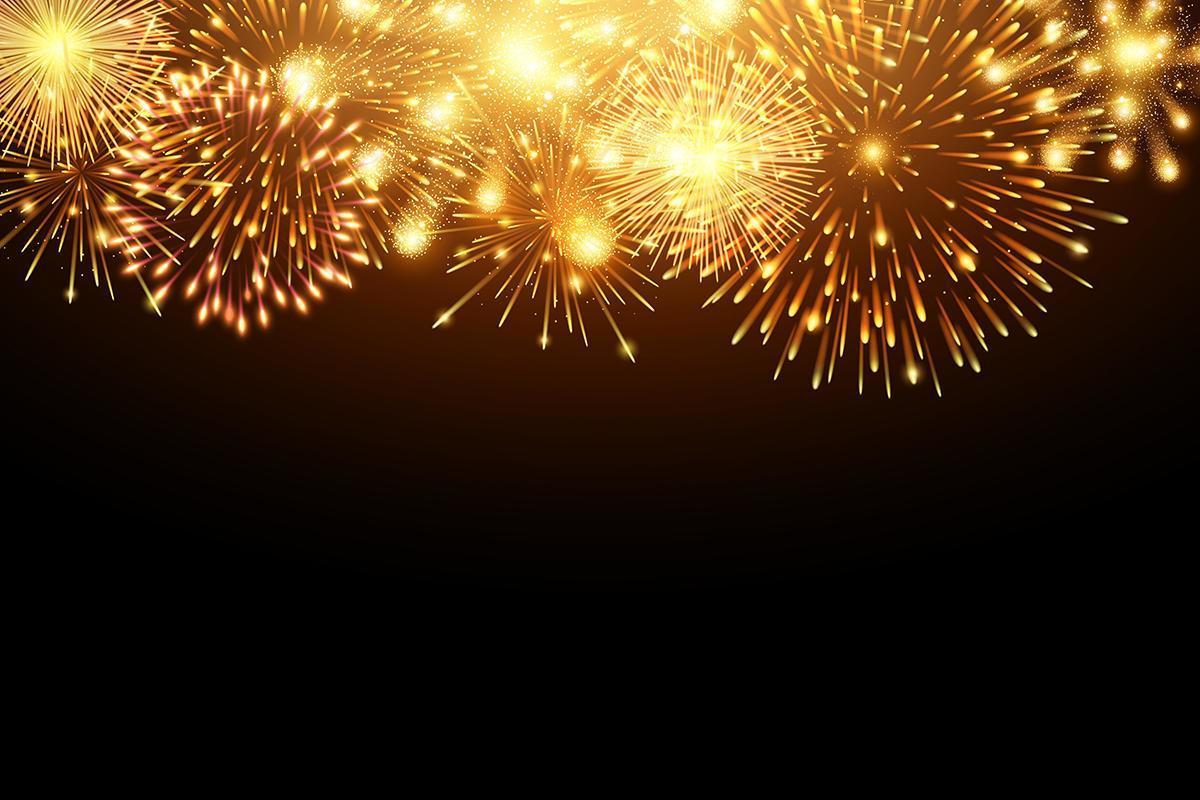 Collection of golden firework and light glow special effects along top of black background vector