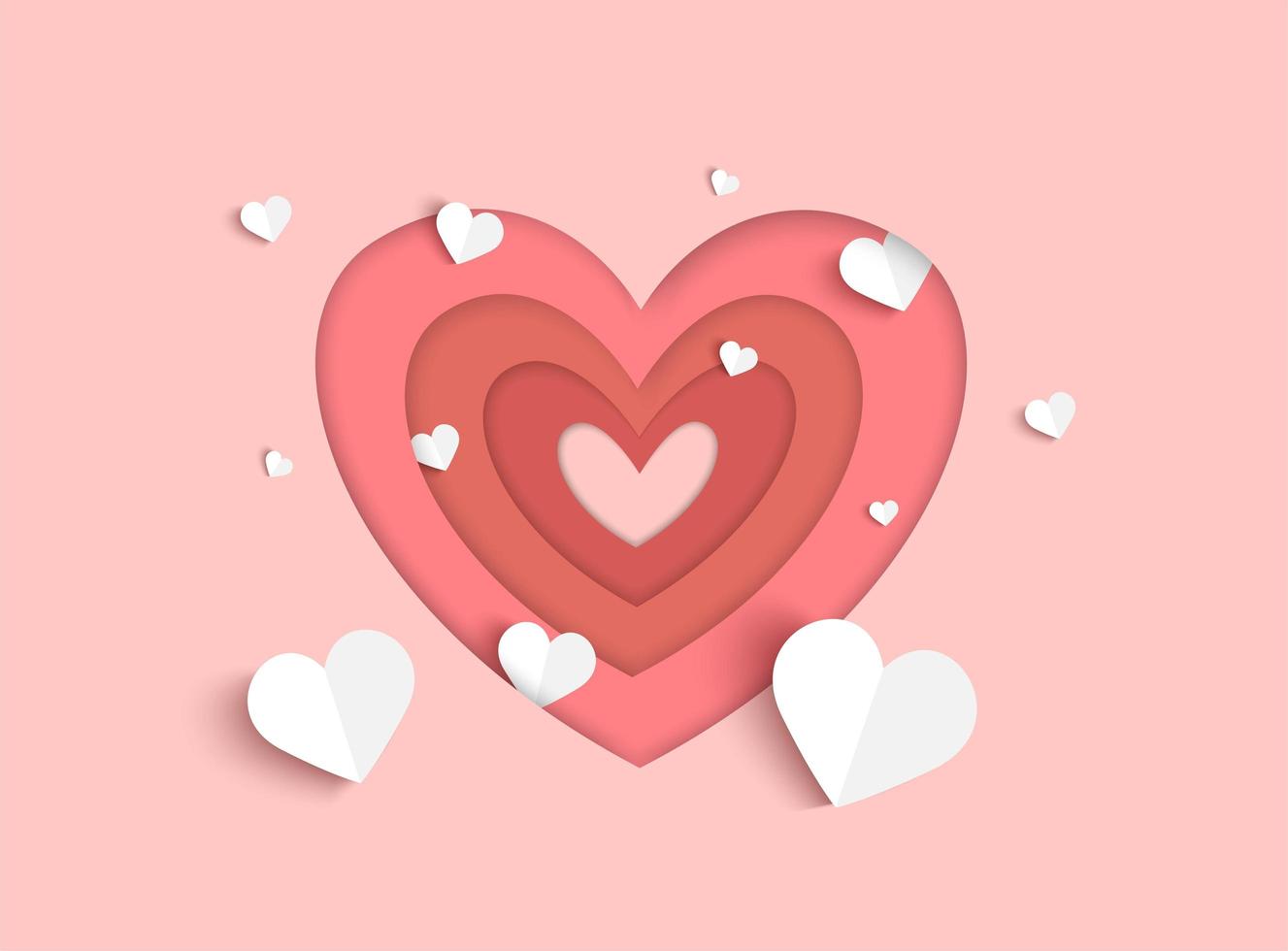 Valentines day pink background with white paper cut style hearts and layered heart shape