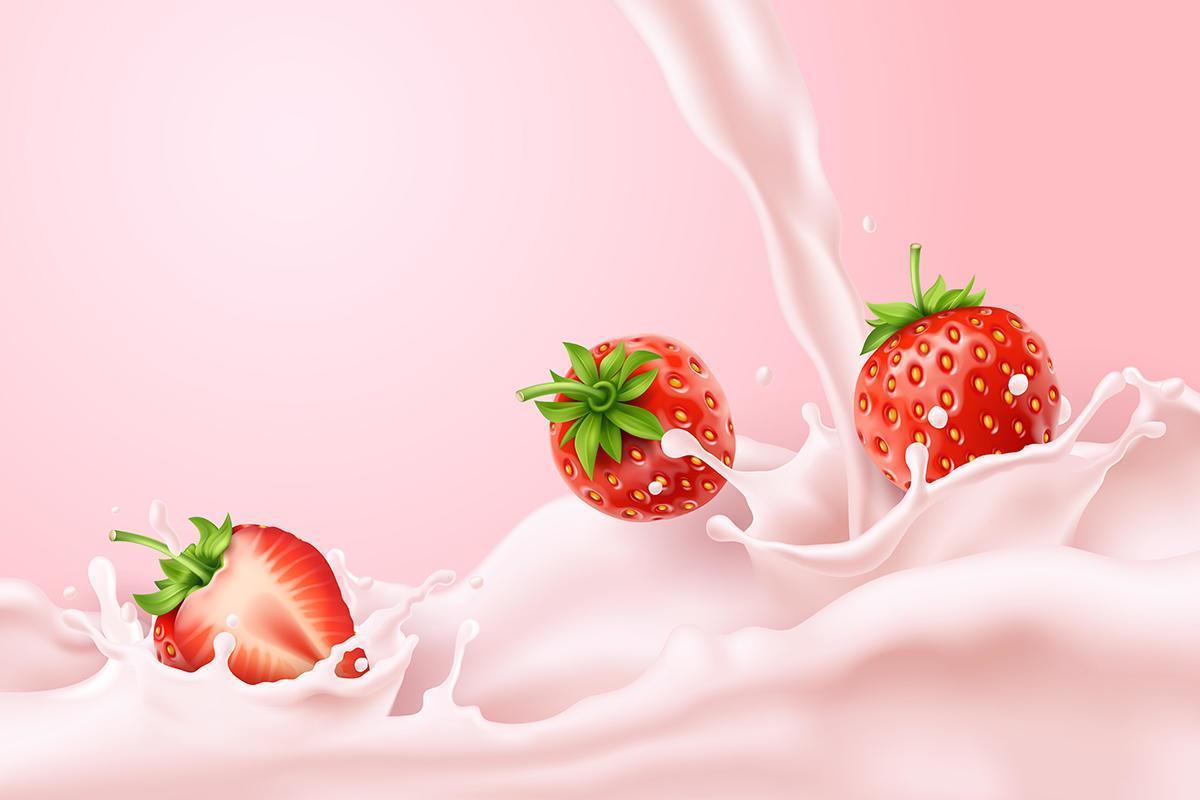 Fresas chapoteando en leche rosa vector