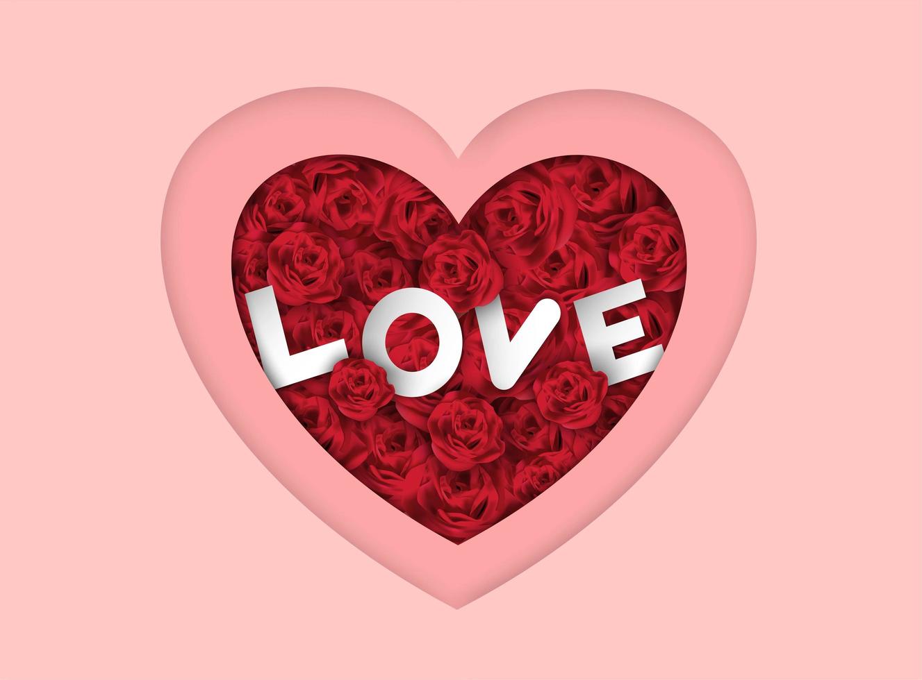 Valentines day pink layered heart background with roses and Love text vector