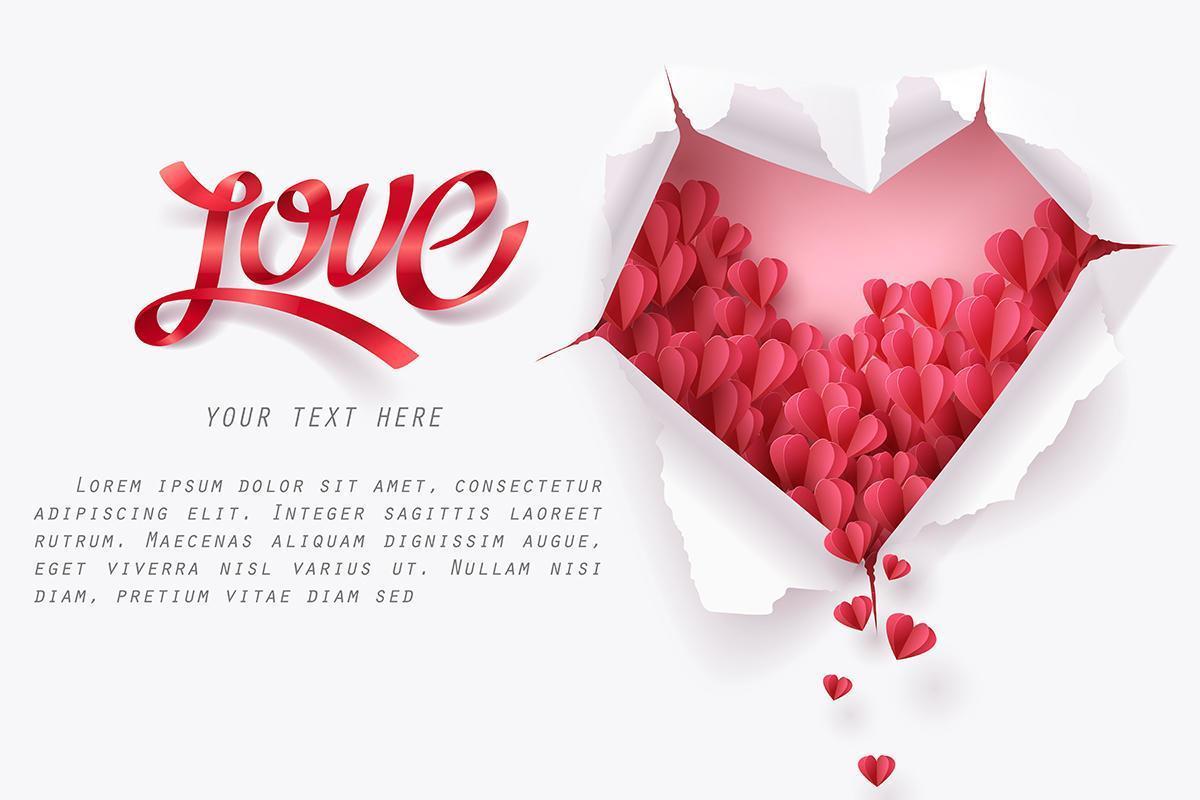 Hearts falling through ripped paper in heart shape with Love text vector