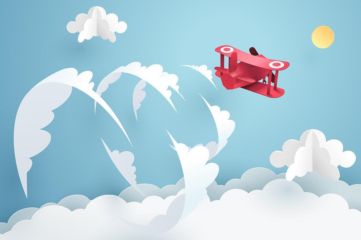 Paper art of red airplane flying over the sky and break the sound barrier vector