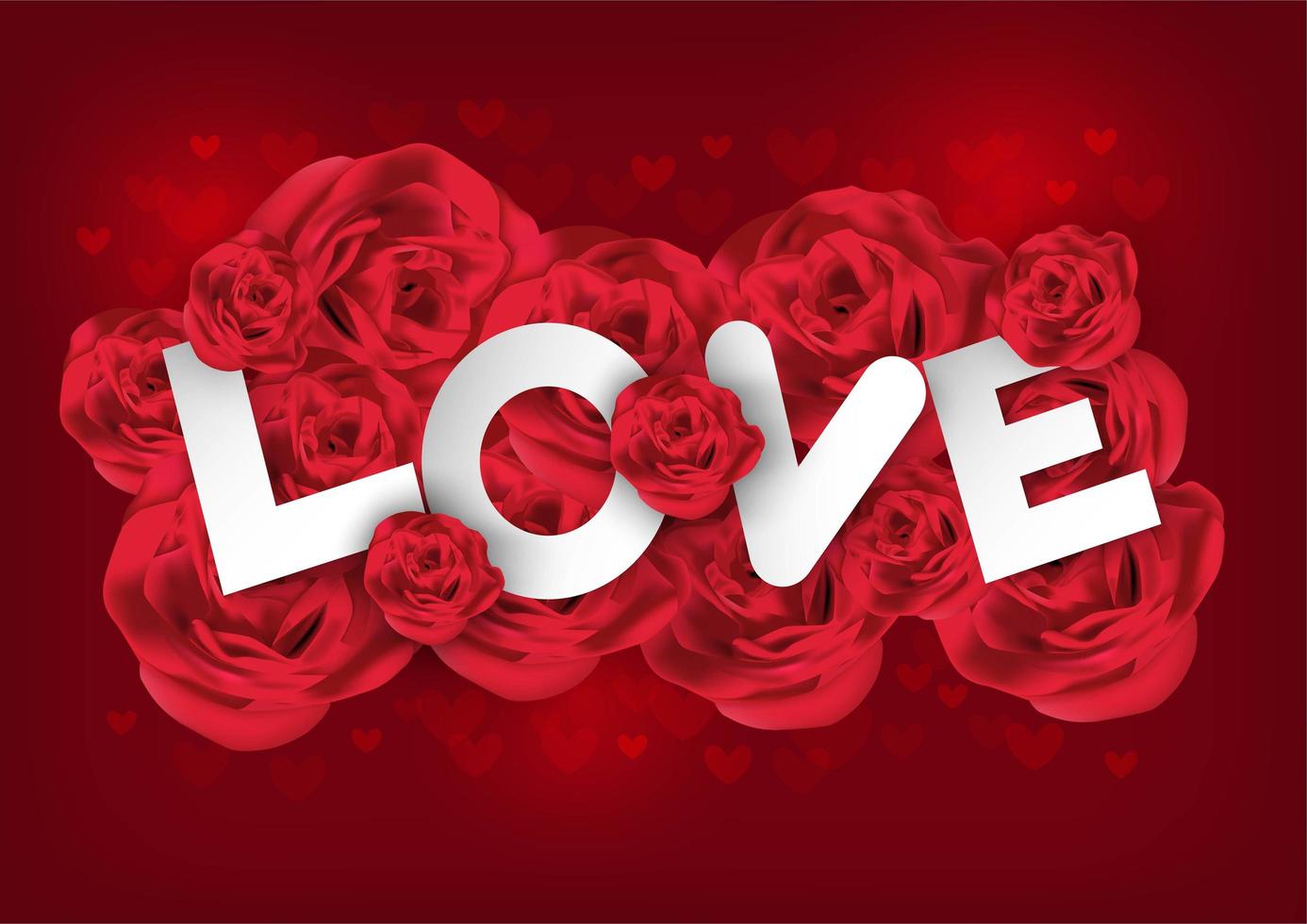 Red roses and large letters spelling Love for Valentine's on red heart background vector