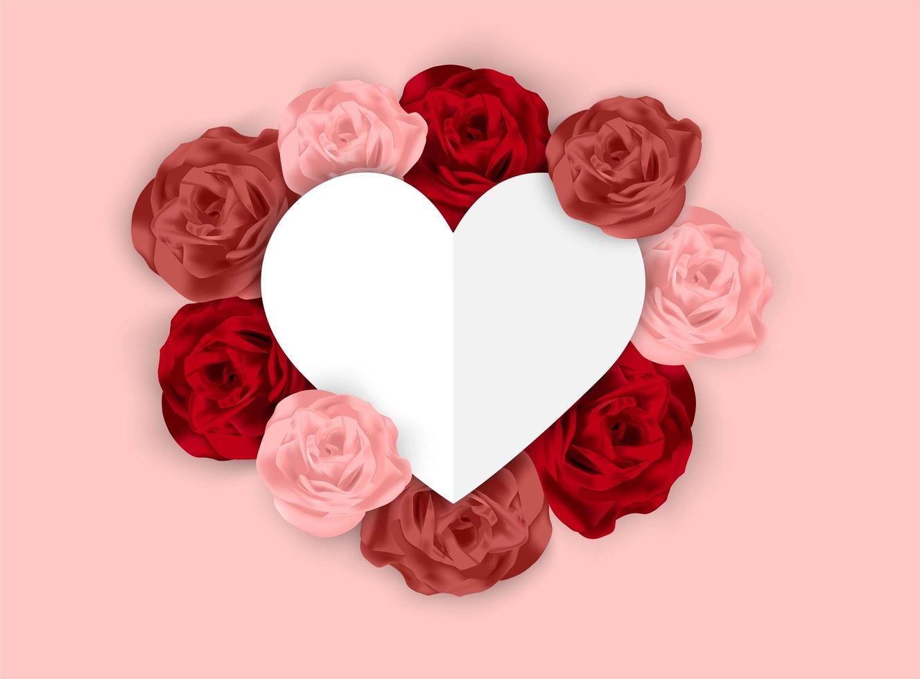 Valentines pink background with blank paper cut style heart surrounded by roses vector