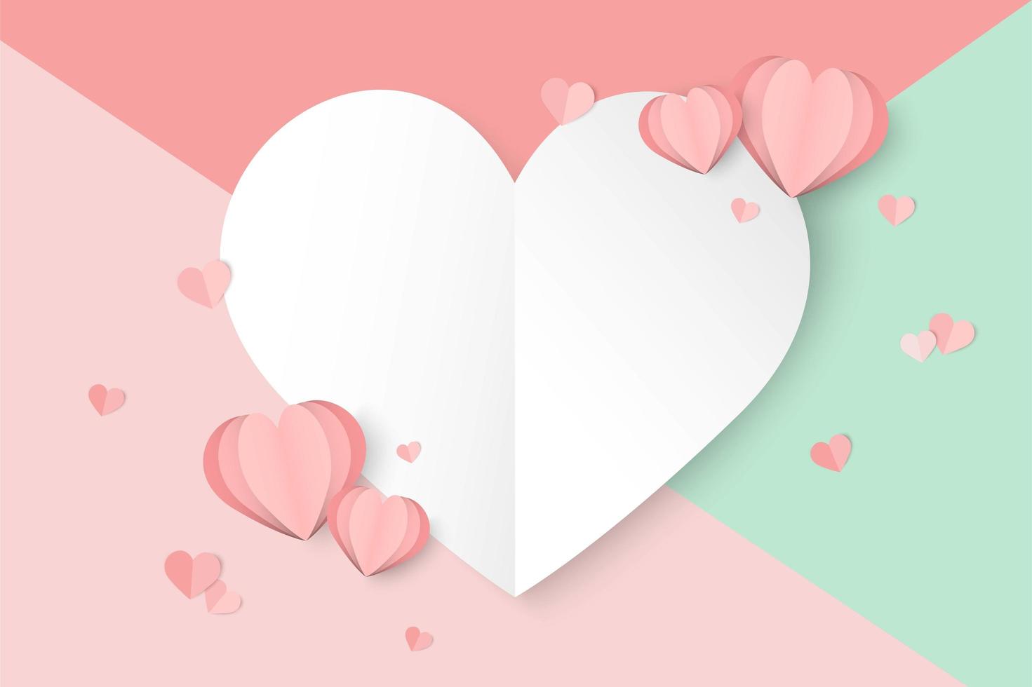 Fondo del día de San Valentín con secciones coloridas y corazones de papel cortado vector