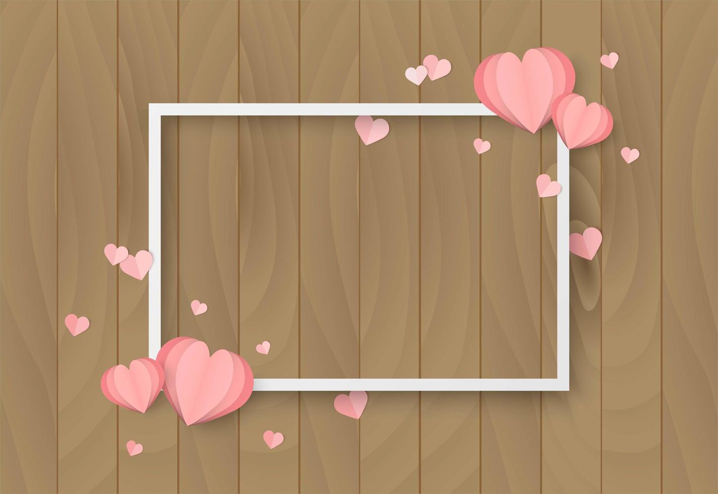 Valentines day wooden background with heart shape and white frame vector