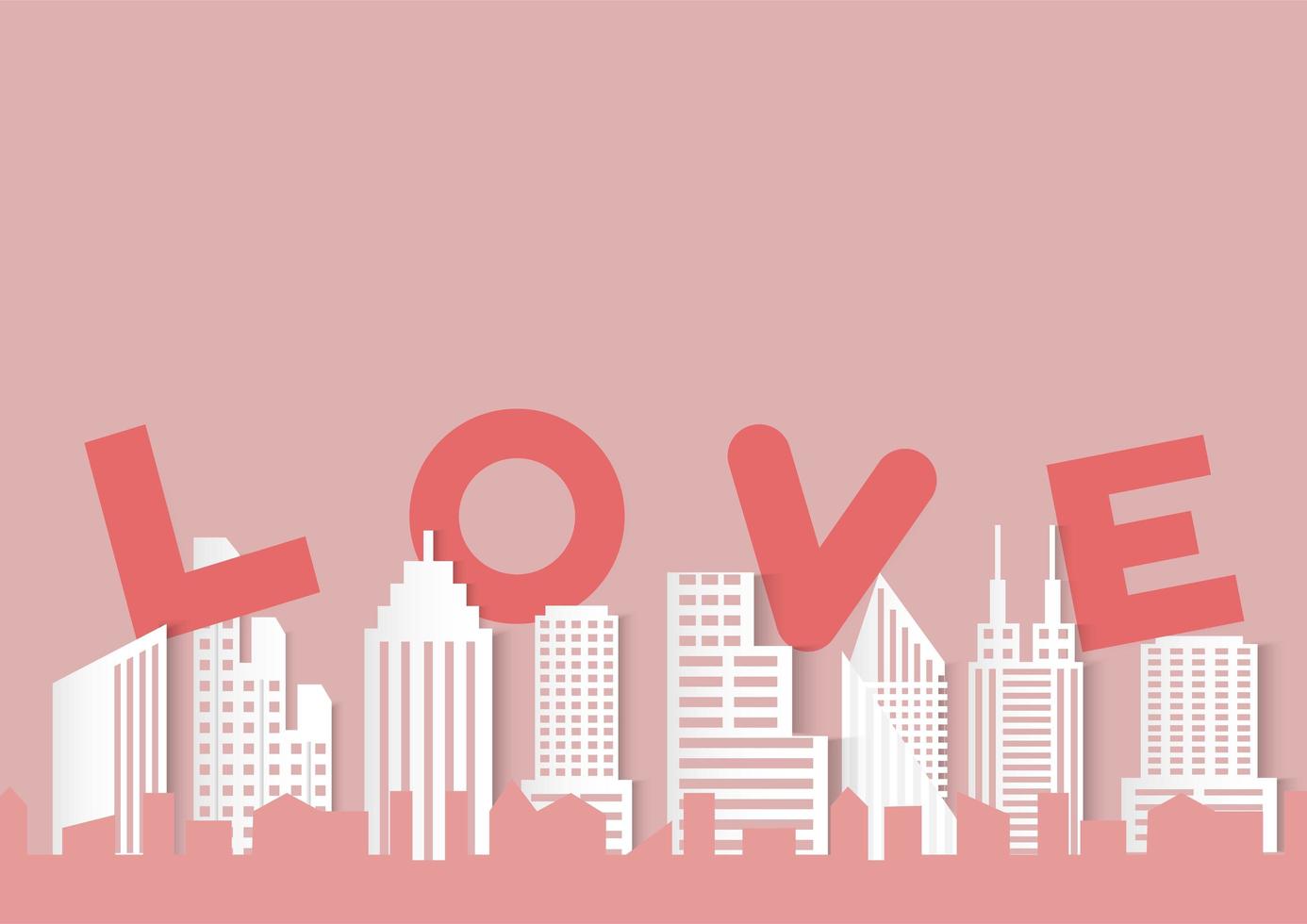 Fondo del día de San Valentín con la ciudad de estilo de corte de papel y palabra de amor vector