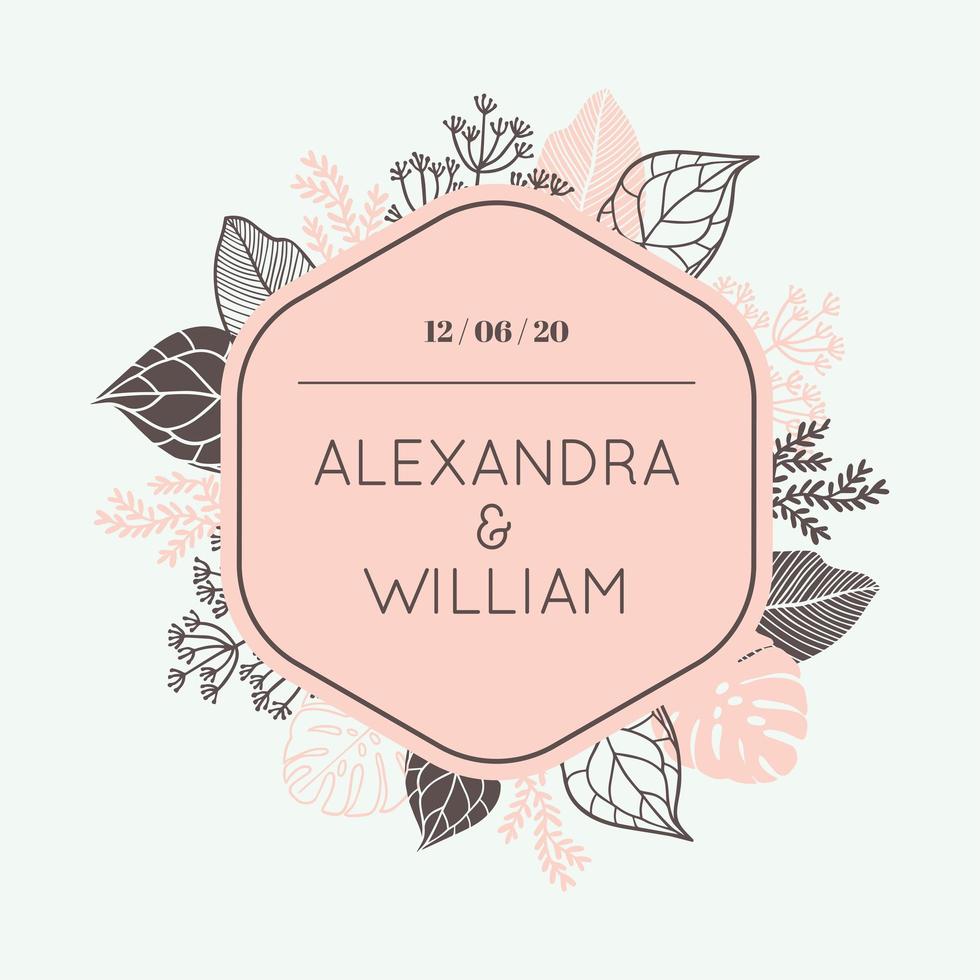 Rounded Hexagon Frame with Foliage. Wedding Invitation card.  vector