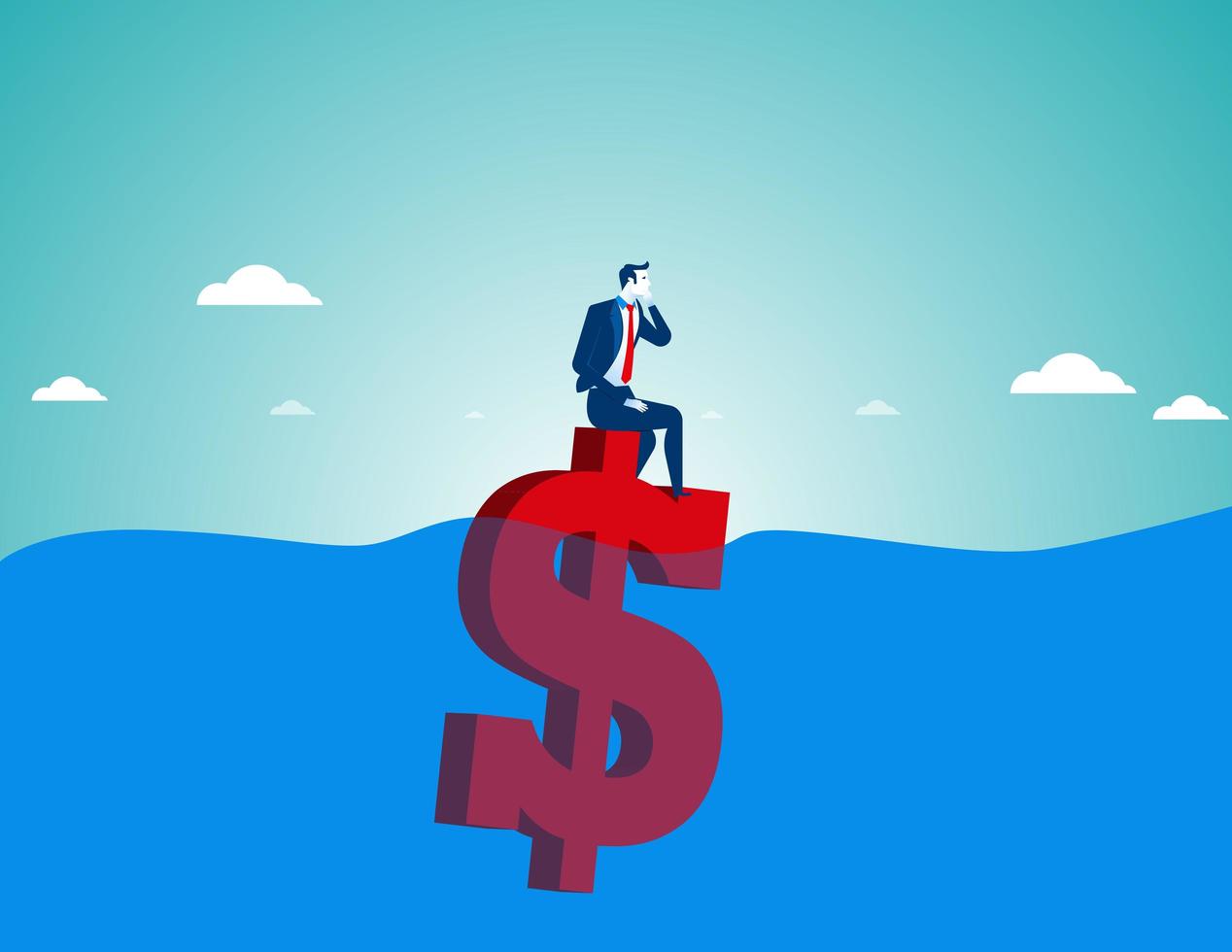 Businessman sitting on money sign floating in ocean vector