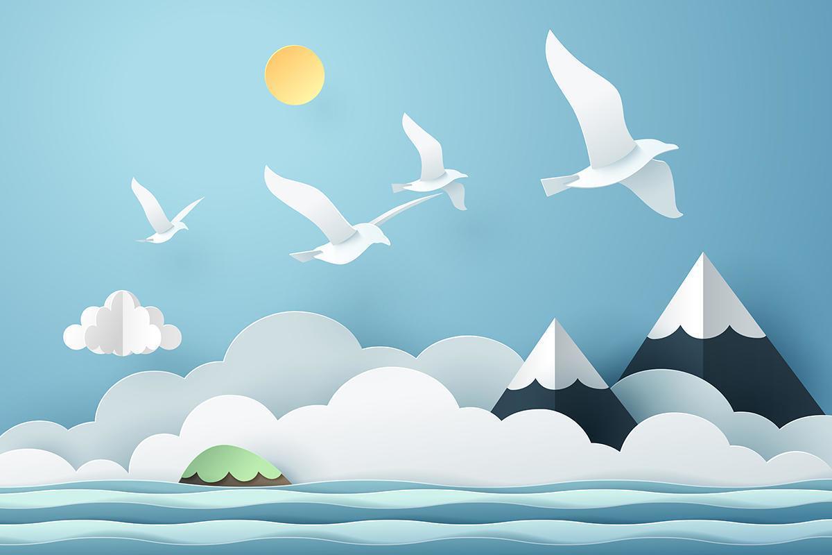 Paper art seagull fly above the sea vector