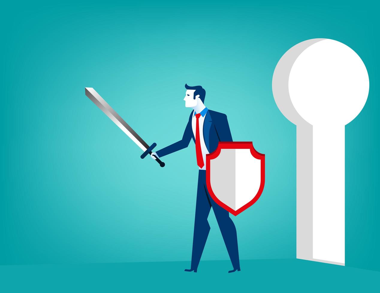 Business man with sword and shield defending keyhole vector