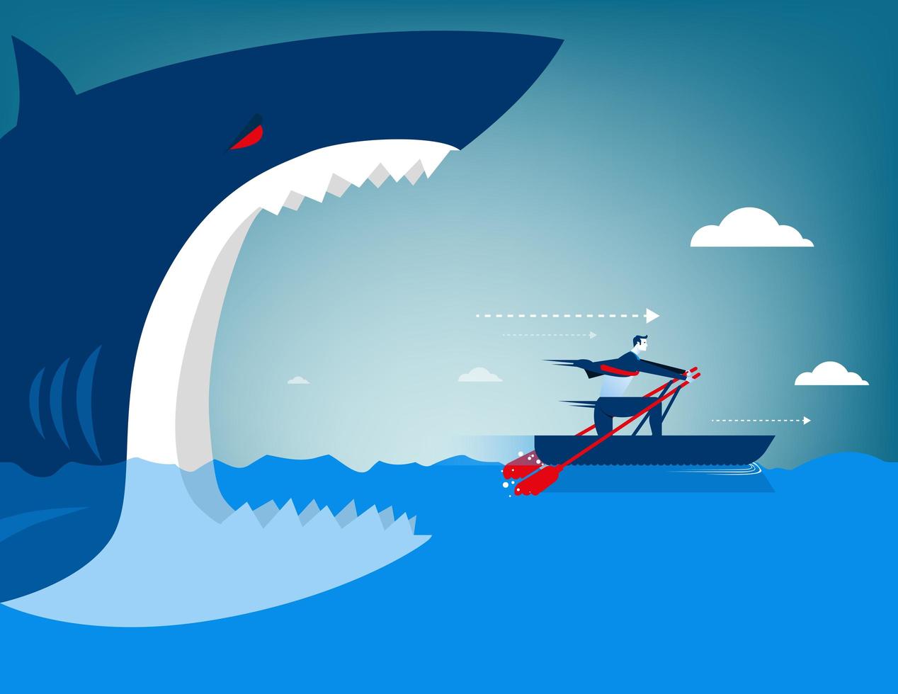 Businessman escapes from shark on a boat vector