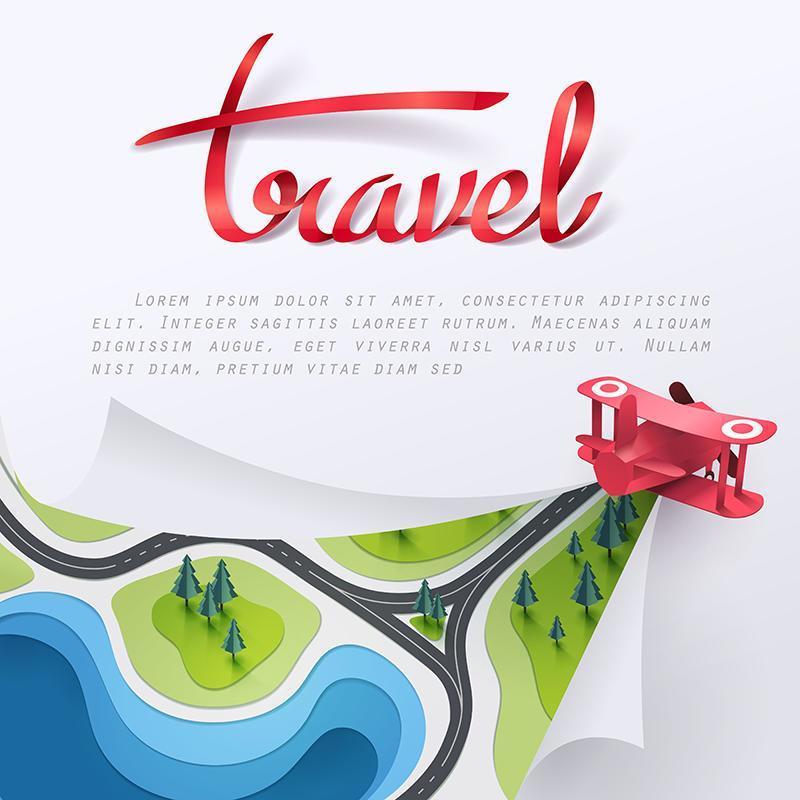 Paper art of red plane flying over travel concept vector