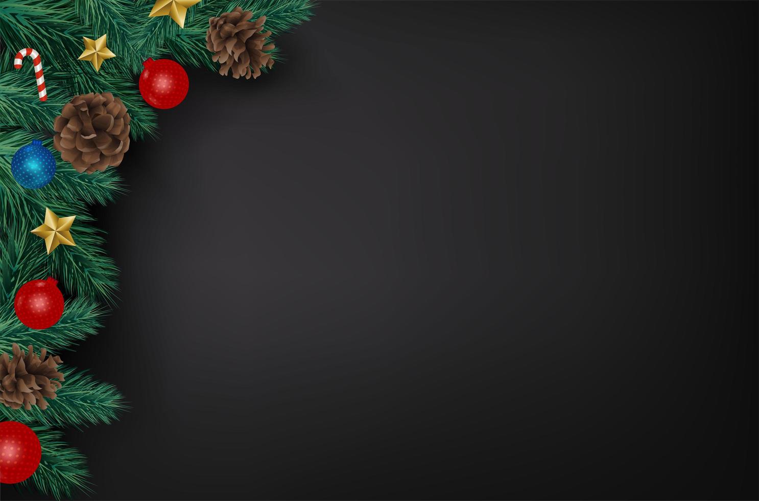 Christmas Tree Branches and Ornaments bordering black background vector