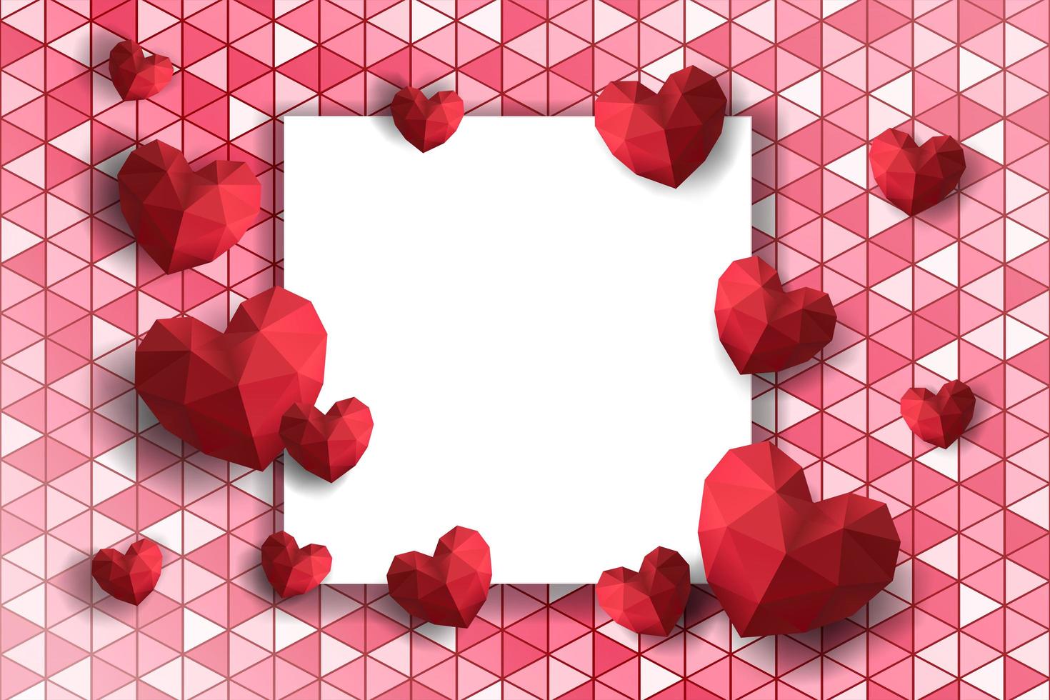 Valentine's Day frame with polygon hearts on geometric background vector