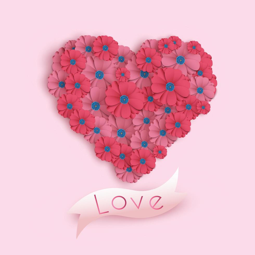 Paper Art Valentine's Day card with flowers in heart shape vector