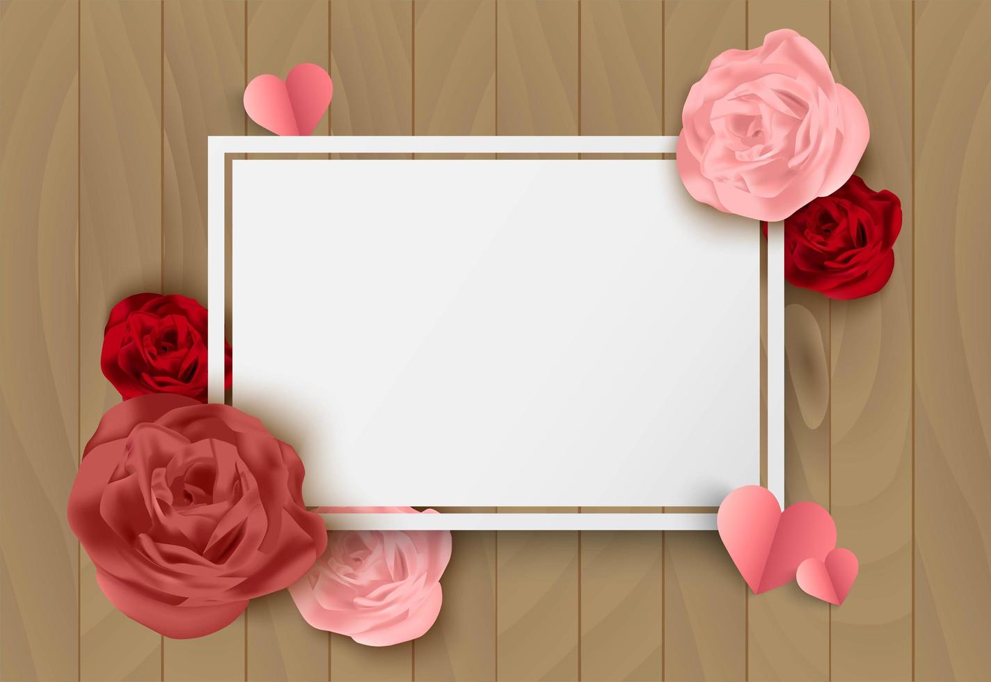 Fondo de madera de San Valentín con rosas y tarjeta blanca en blanco vector