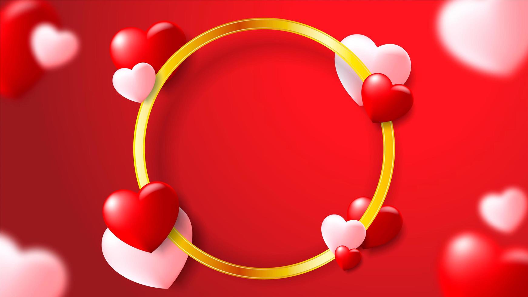 Fondo romántico rojo con corazones y marco dorado circular vector