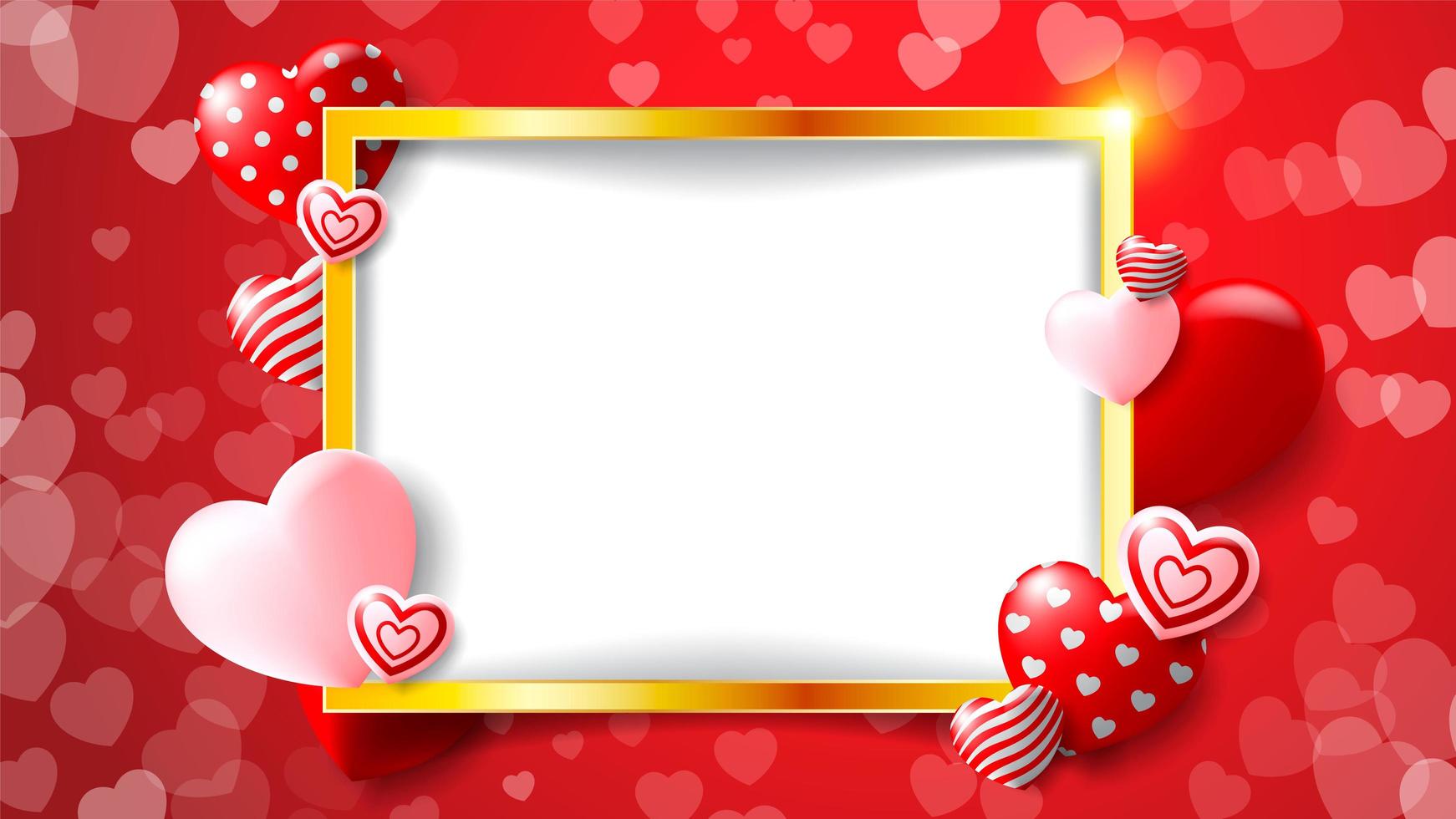 Golden frame Valentine's design with red, pink and patterned hearts vector