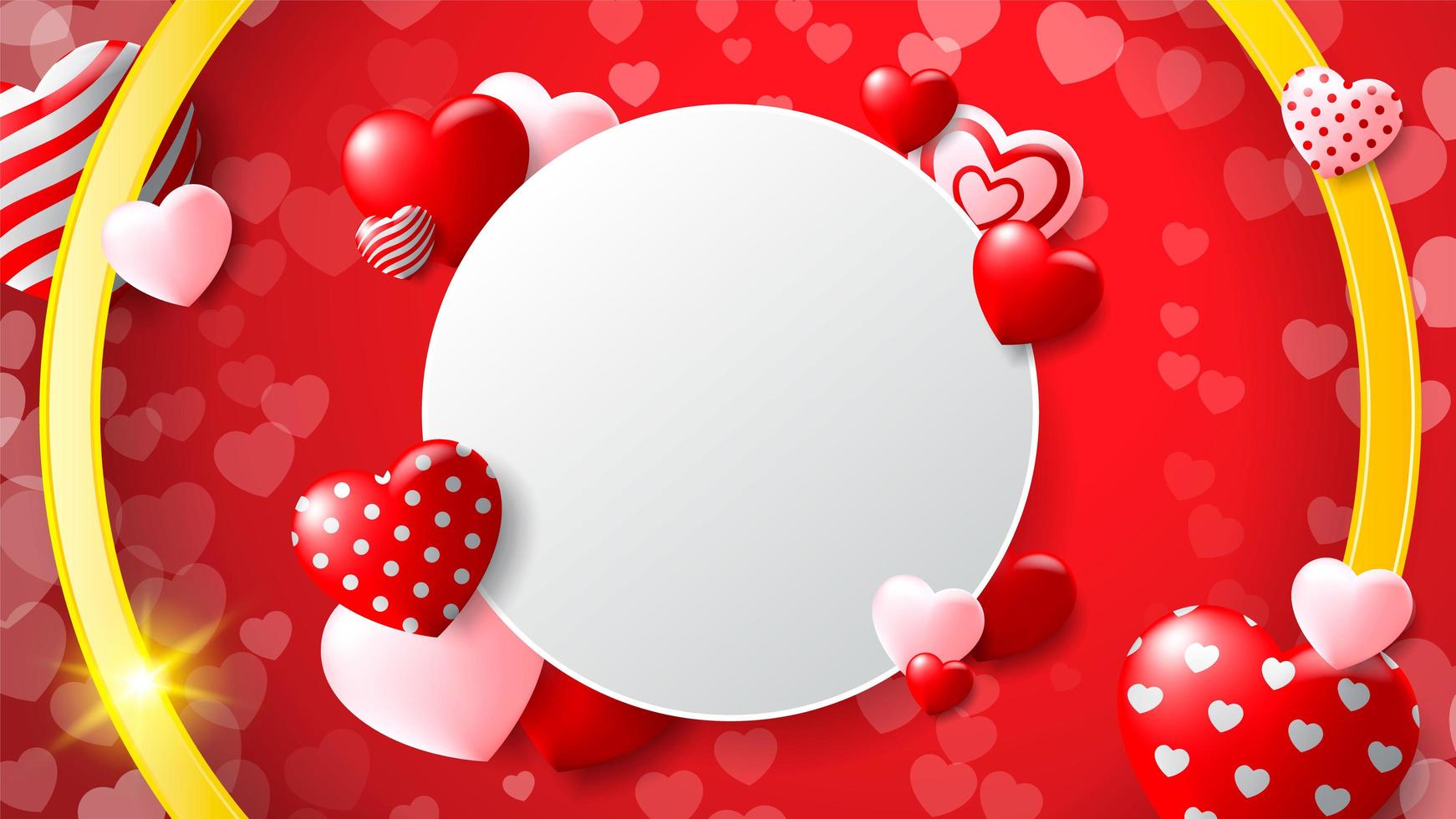 Blank Circle Frame with Patterned Hearts and Golden Circle on Red Heart Background vector