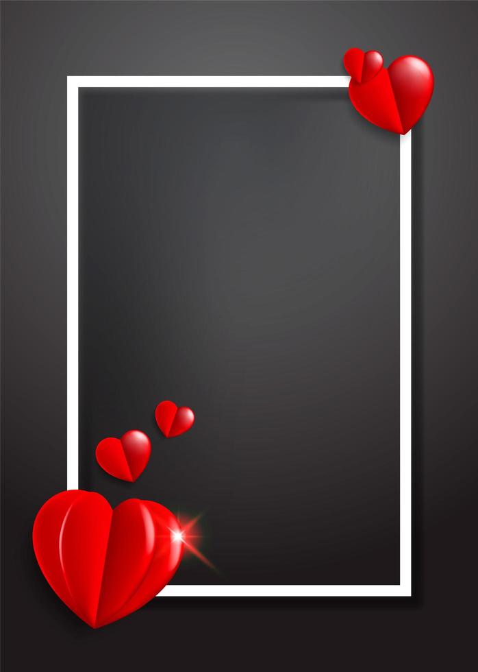 Black Valentine's Day Template with White Frame and 3D Red Hearts vector